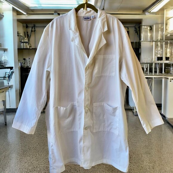 Landau White Lab Coat Notch Collar Button Front 3 Pockets HAND HOLE mens large - Picture 9 of 11